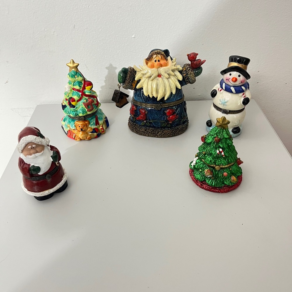 5 piece Vintage Christmas Trinket‎ Box Set OS Multicolor Santa Snowman Tree